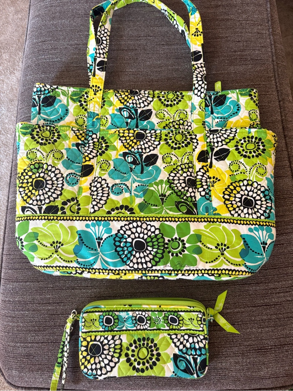 Vera Bradley Lime Green, Turquoise & Black Floral Quilted Tote